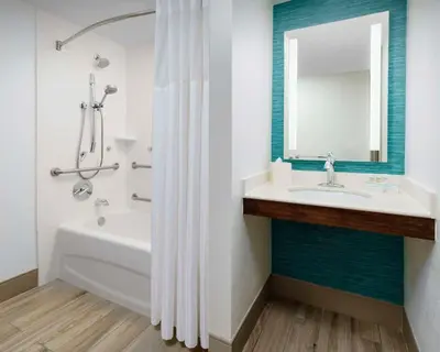 a bathroom with a tub and a sink and a mirror at Hilton Garden Inn Orlando at SeaWorld in Orlando