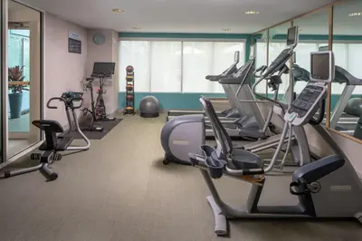 a gym with several treadmills and elliptical machines at Hilton Garden Inn Orlando Airport in Orlando