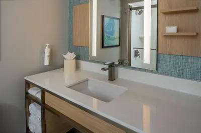 a bathroom with a white sink and a mirror at Hilton Garden Inn Orlando Airport in Orlando
