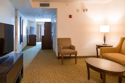 a living room with a couch and chairs and a tv at Hilton Garden Inn Orlando East - UCF Area in Orlando