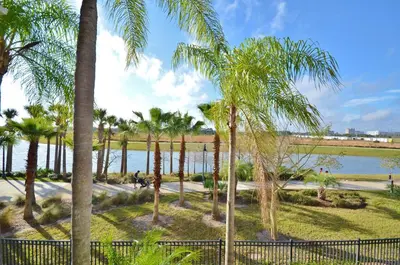 a group of palm trees and a body of water at Beautiful LAKEVIEW Deluxe Condo Near Theme Parks in Orlando