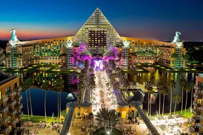 a view of a city at night with a building at Walt Disney World Dolphin in Orlando