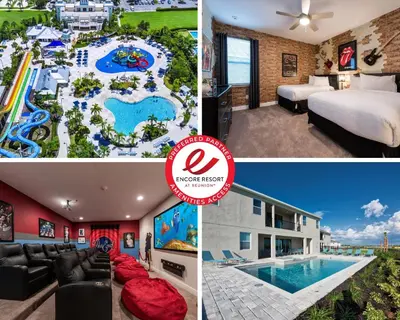 a collage of photos of a hotel with a pool and a resort at Exquisite Home With Theater, Themed Rooms Near Disney With Waterpark & Resort Access At Encore Resort- 7664Ff in Kissimmee