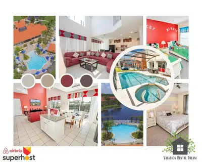 a collage of pictures of a hotel room and a pool at Disney Dream with Hot Tub, Pool, Xbox, Games Room, Lakeview, 10 min to Disney, Clubhouse in Kissimmee