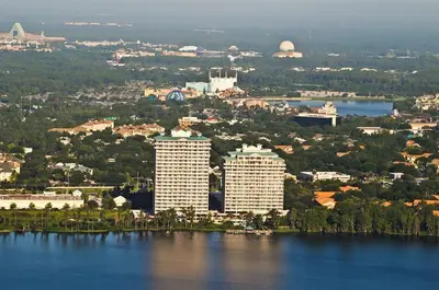 an aerial view of a city with buildings on the water at Penthouse Close to Disney area and Malls water view in Orlando