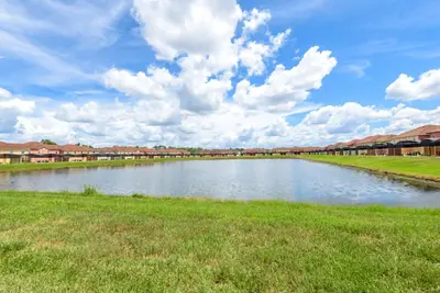 a large pond in a field with houses in the background at Cuban Palm Townhouse #275805 Townhouse in Kissimmee