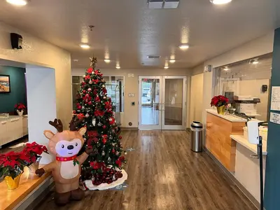 a christmas tree in the middle of a room at Woodspring Suites Orlando International Drive in Orlando