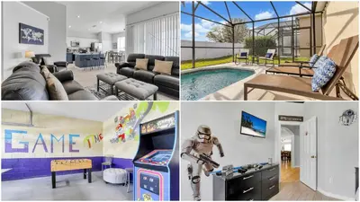 a collage of pictures of a living room and a house at Sunshine Station - Spacious 4 bed Windsor Palms resort home that's close to Disney in Kissimmee