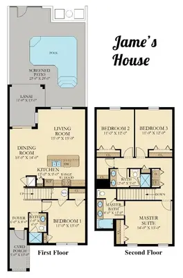 a rendering of the james house floor plans at A - New 4 Bedroom Home - 5 Miles to Disney - Free Water Park - Private Pool in Kissimmee