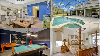 a collage of photos of a house with a pool table at Mickeys Sunspot - 6 bed Emerald Island Resort pool home in Kissimmee