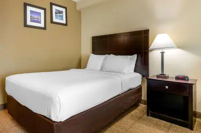 a hotel room with a large bed and a lamp at I-Drive Hotel at Universal in Orlando