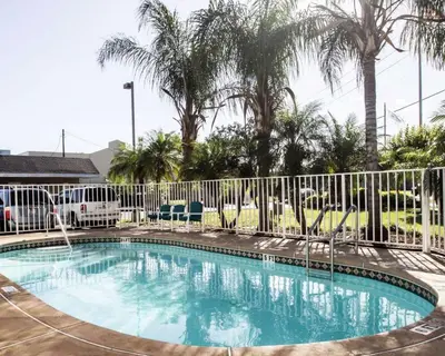 a swimming pool with a fence and palm trees at Rodeway Inn Apopka South in Orlando