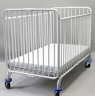 a white crib with blue wheels on a white background at Mickey Holiday Home a Windsor Palms Villa in Kissimmee