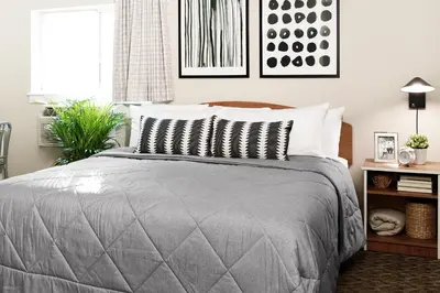 a bedroom with a bed with a gray comforter at InTown Suites Extended Stay Select Orlando FL - UCF in Orlando