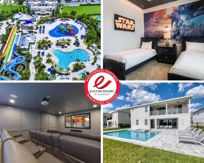 a collage of photos of a hotel room with a theme park at Remarkable Home Near Disney With Theater & Themed Rooms With Waterpark & Resort Access At Encore Resort - 7660Ff in Kissimmee
