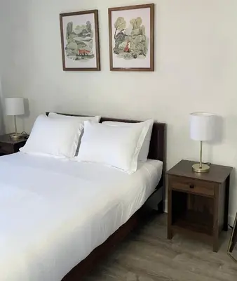 a bedroom with a white bed with two lamps on tables at Hunter Arms Hotel in Saint Cloud
