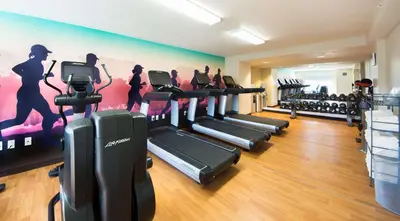 a gym with several treadmills and a wall with a mural at Hyatt Place Orlando/Lake Buena Vista in Orlando