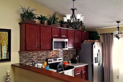 a kitchen with red cabinets with potted plants on top at A1 Private Room With 55