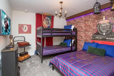 a bedroom with two bunk beds and a brick wall at Gorgeous 4 Bedroom w/ Pool Close to Disney 4836 in Kissimmee