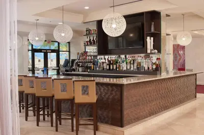 a bar with brown chairs and a counter with alcohol at Delta Hotels by Marriott Orlando Lake Buena Vista in Orlando