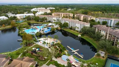 an aerial view of a resort with a pool at Hilton Vacation Club Aqua Sol Orlando West in Orlando