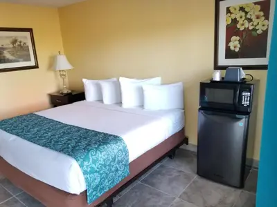 a hotel room with a bed and a tv at Shining Light Inn & Suites in Kissimmee