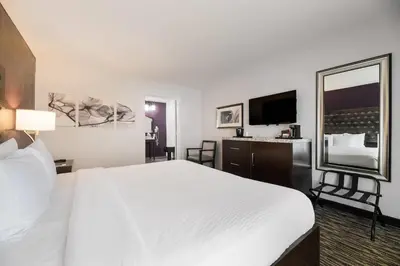 a hotel room with a large bed and a television at Clarion Inn & Suites Across From Universal Orlando Resort in Orlando