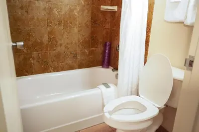 a bathroom with a toilet and a tub and a sink at Rosen Inn Lake Buena Vista in Orlando