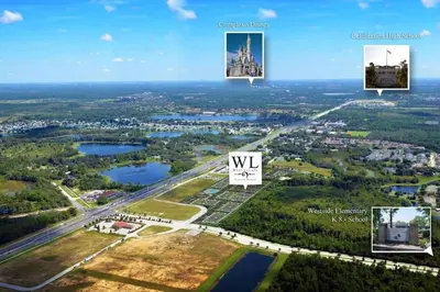arial view of a city with photos of buildings and water at Luxury 3 bedroom townhouse, comfortable sleeps 8 Super close to Disney! in Kissimmee