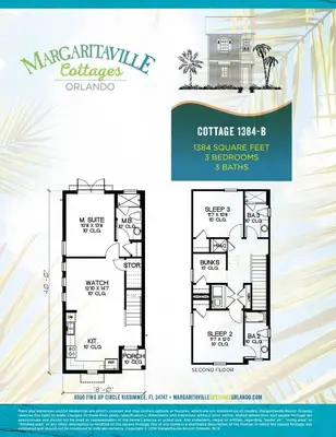 a floor plan of the margarita village cottage b at Sandy White Cottage Near Disney With Private Hot Tub & Margaritaville Resort & Island H20 Waterpark Access - 3001Sp in Orlando