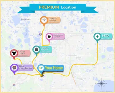 a map of your home with locations at Splendid Thematic 2BR with Waterpark in Kissimmee