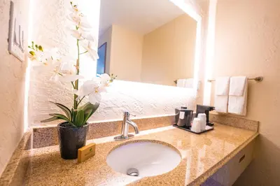 a bathroom with a sink with a vase of flowers at Mai Hana Hotel and Suites I Drive-Theme Parks in Orlando
