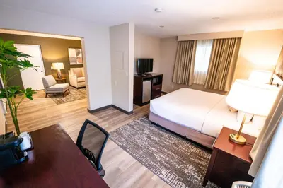a hotel room with a bed and a desk and chair at Mai Hana Hotel and Suites I Drive-Theme Parks in Orlando