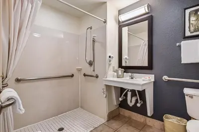 a bathroom with a shower and a sink and a toilet at Suburban Studios Orlando - Ocoee-Winter Garden in Orlando
