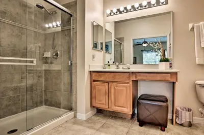 a bathroom with a shower and a sink at Kissimmee Retreat with Pool Access Less Than 4 Mi to Disney! in Orlando