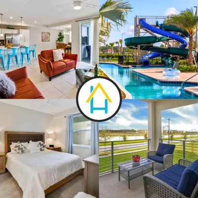 a collage of three pictures of a hotel room at Lovely 2BR Codo with 2Clubhouses & Kids Splash Pad in Kissimmee
