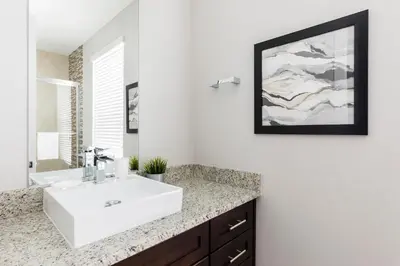 a bathroom with a white sink and a picture on the wall at Gorgeous Family Villa 114 in Orlando