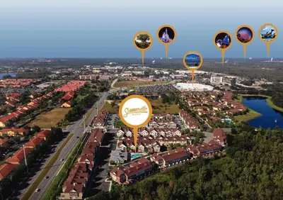 an aerial view of a city with large signs at Gorgeous Family Villa 114 in Orlando