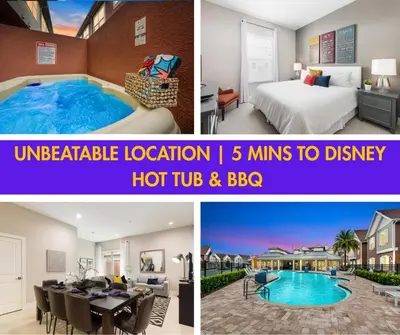 a collage of three pictures of a hotel room with a hot tub at Comfy Villa 5 Min to Dinsey! Hot Tub & BBQ in Orlando