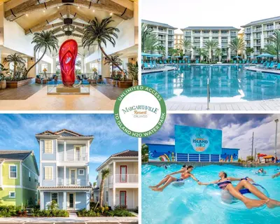 a collage of photos of a pool at a resort at Ocean Waves Cottage Near Disney With Margaritaville Resort & Island H20 Waterpark Access - 2983La in Orlando