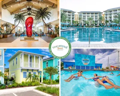 a collage of photos of a pool at a resort at Smooth Sailing Cottage Near Disney With Margaritaville Resort & Island H20 Waterpark Access - 2978La in Orlando