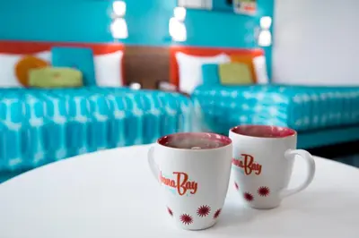 two cups of coffee sitting on a table at Universal's Cabana Bay Beach Resort in Orlando