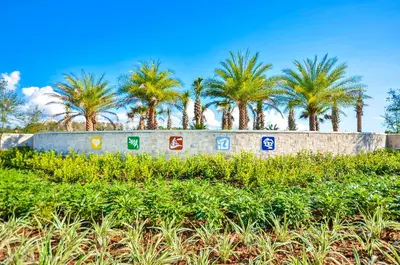 a retaining wall with palm trees in the background at 4814 Lullaby Lane in Kissimmee
