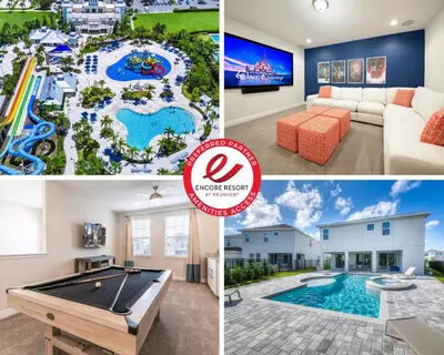 a collage of photos of a house with a pool and a resort at Vibrant Home With Private Pool, Pool Table Near Disney With Waterpark & Resort Access At Encore Resort - 7707Gr in Kissimmee