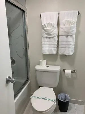 a bathroom with a toilet and a shower and towels at 18-Universal and Heart of International Dr in Orlando