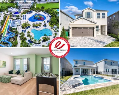 a collage of photos of a house and a pool at Lovely Home Near Disney With Private Pool, Foosball Table And Waterpark & Resort Access At Encore Resorts Reunion - 408Sf in Kissimmee