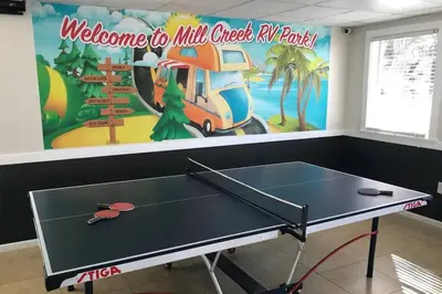 a ping pong table in a room with a mural at Cozy Tiny Home Near Disney World & Orlando Parks! in Kissimmee