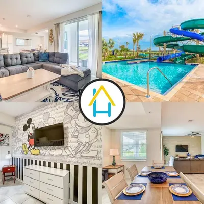 a collage of photos of a living room and a pool at Lovely Thematic 2BR with 2 Clubhouses & Waterpark in Kissimmee