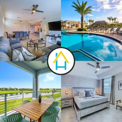 a collage of photos of a villa with a pool at Comfy 3BR Lakeview Condo with 2Clubhouses in Kissimmee