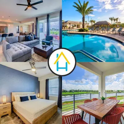 a collage of photos of a villa with a pool at Cute Lakeview 2BR Condo with 2 Clubhouses in Kissimmee